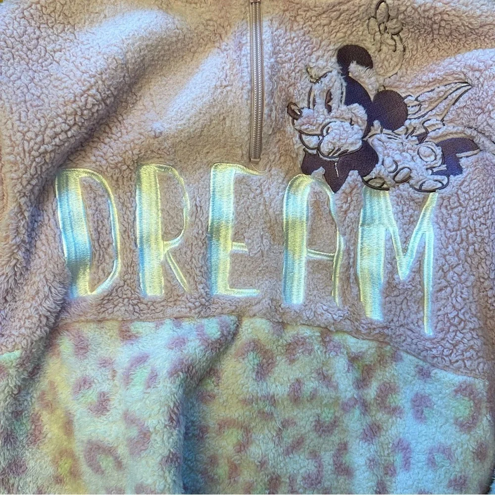 Disney Minnie Mouse Lavender Pink Leopard Print Teddy Pullover Park Wear XS